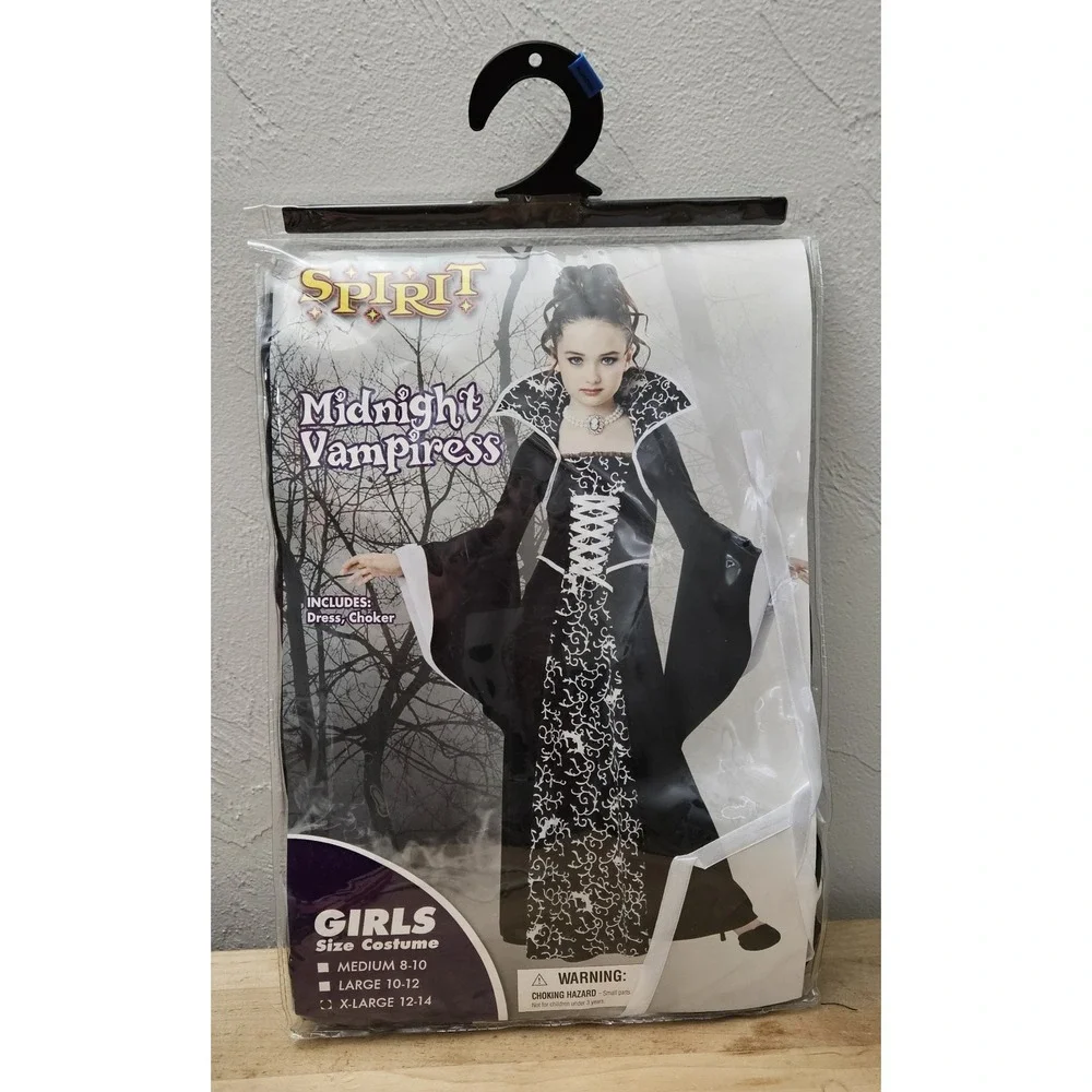 Spirit Halloween Girls Black White Midnight Vampiress Dress Choker Size XL 12-14